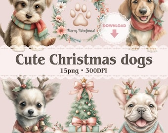 Cute Christmas dogs clip art | 15 PNG 300DPI