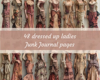 printable Collage sheet of 48 dressed up ladies digital pages for collage junk journals, filler journal paper
