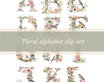 printable floral alphabet clip art　Collage sheet of alphabet and numbers, decorated with flowers Supplies Ephemera, junk journals