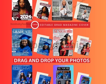 Puede incluir: Imagen promocional que muestra seis diseños de portadas de revistas de graduación editables. Las portadas presentan fotos de graduados, el año 2024 y nombres de escuelas. El texto incluye "Arrastra y suelta tus fotos" y "Maquetas incluidas."