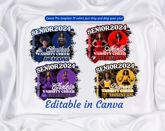 May include: Four customizable cheerleading senior 2024 designs with a black and white grunge background. Each design features a different cheerleader with a different color scheme and mascot. The text "Senior 2024" is in white with a blue outline. The text "Varsity Cheer" is in white with a black outline. The text "Editable in Canva" is in black.