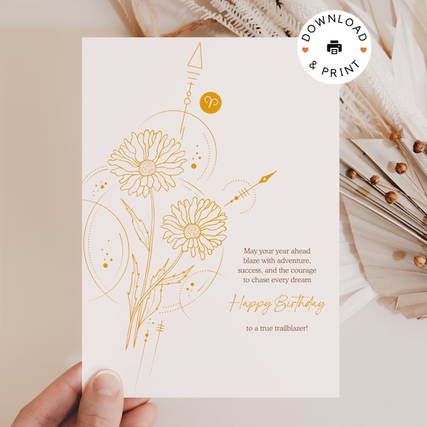 Daisy Birth Month Flower Greeting Card for April Aries Birthday, Printable Happy Birthday Message with Floral and Zodiac Sign GC-BF3