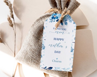 Étiquette-cadeau fête des mères imprimable Étiquettes de fête des mères heureuses, modèle d'étiquette floral bleu bonne fête des mères, cadeau pour étiquette de maman téléchargement numérique