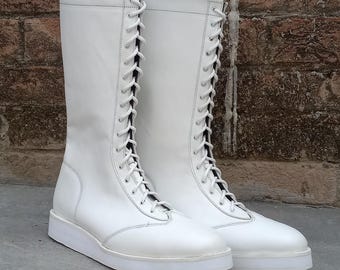 White Leather Wrestling Boots Men Mid-Calf Lace Up Combat Boots Pro Wrestling Shoes Custom Cosplay MMA Ring Boots Unisex |Handmade boots|