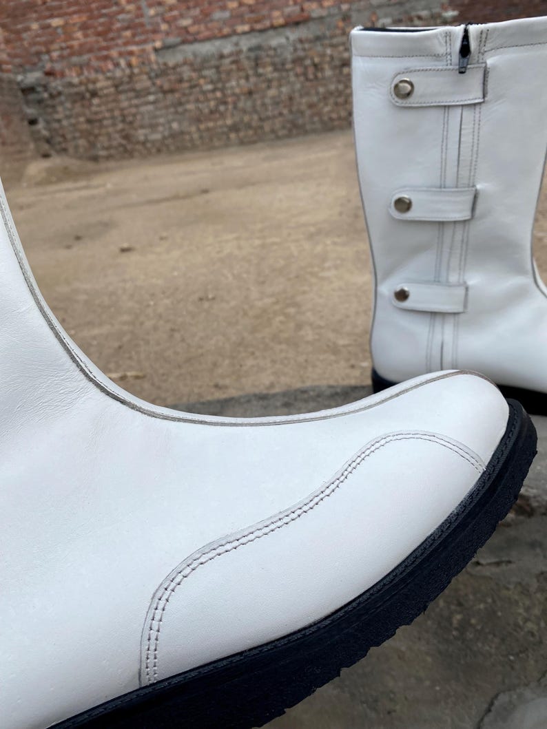 White Leather Mid-Calf Boots Women Retro Mod Boots wrestling boot Handmade Cosplay Boots Flat Fashion Winter Boots image 7