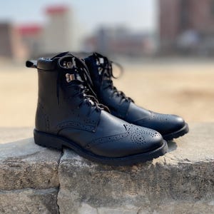 Handmade Scottish Black Leather Ghillie Brogues Kilt Boots|Rubber&leather sole available