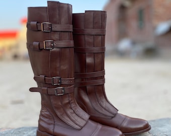 Brown Leather Medieval Boots Pirate Riding Boots Viking LARP Boots Renaissance Faire Costume Knee Boots Equestrian Knee-High Buckle style