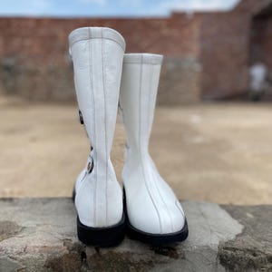White Leather Mid-Calf Boots Women Retro Mod Boots wrestling boot Handmade Cosplay Boots Flat Fashion Winter Boots image 2
