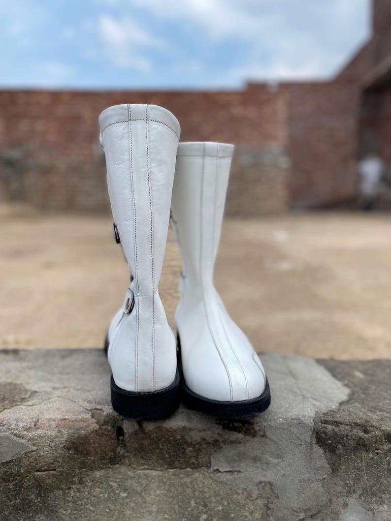 White Leather Mid-Calf Boots Women Retro Mod Boots wrestling boot Handmade Cosplay Boots Flat Fashion Winter Boots image 2
