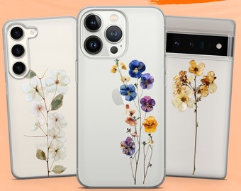 Transparent Pressed Flowers Phone Case Flower Cover for iPhone 15Pro, 14, 13, 12, 11, Google Pixel 8, 7A, 6A, Samsung Galaxy S24Ultra, S23fe