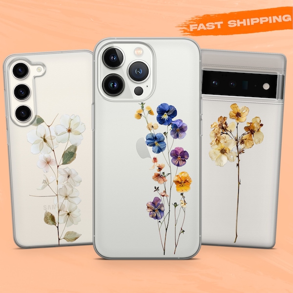 Coque de portable transparente fleurs pressées pour iPhone 15Pro, 14, 13, 12, 11, Google Pixel 8, 7A, 6A, Samsung Galaxy S24Ultra, S23fe