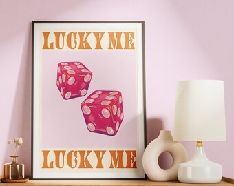 LUCKY ME Wandkunst, rosa ästhetische Wandkunst, trendige holografische Kunst in Rosa und Orange, Retro-Poster, Wohnheim-Dekor, druckbare Kunst, Würfel-Wandkunst