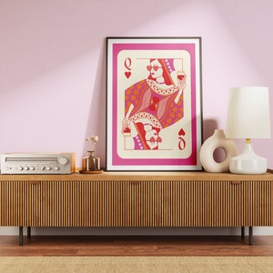 Queen of Hearts Playing Card, Aesthetic, Pink Digital Art, Y2K Wall Art, Dorm Wall Art, Maximalist home, Funky Art Prints, Preppy Dorm Decor
