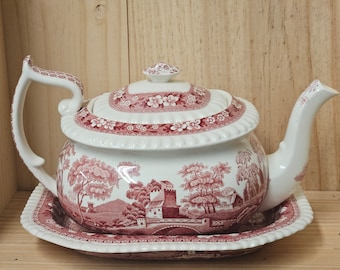 Spode Tower Pink Teapot and Dish Set
