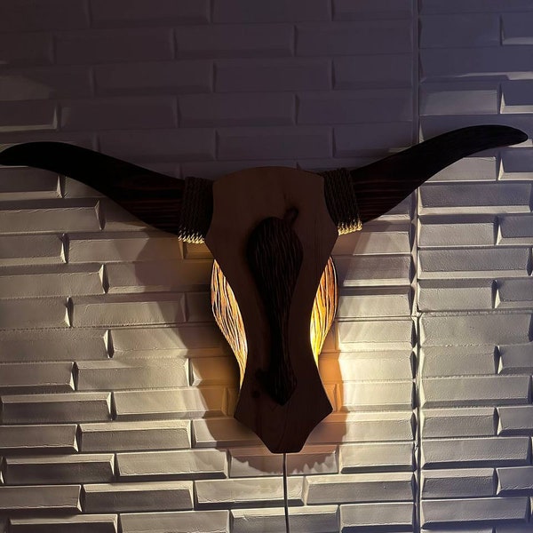 Bull Head Wall Art, Bull Skull Lighting, Bull LED Light, Bull Wall Lamp Decor, Bull Wall Sconce, Wooden 2D Bull Head, Wooden Art Products