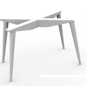 May include: A light gray table base with four angled legs and a cross-shaped support structure. The table base is made of a solid material and is designed for supporting a tabletop. The legs are tapered.