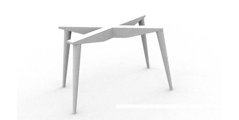 May include: A light gray table base with four angled legs and a cross-shaped support structure. The table base is made of a solid material and is designed for supporting a tabletop. The legs are tapered.