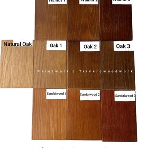 May include: A display of wood samples showcasing various oak painting options. The samples include Natural Oak, Oak 1, Oak 2, Oak 3, Walnut 1, Walnut 2, Walnut 3, Sandalwood 1, Sandalwood 2, and Sandalwood 3. The text "Paintwork | Triverowoodwork" is visible.