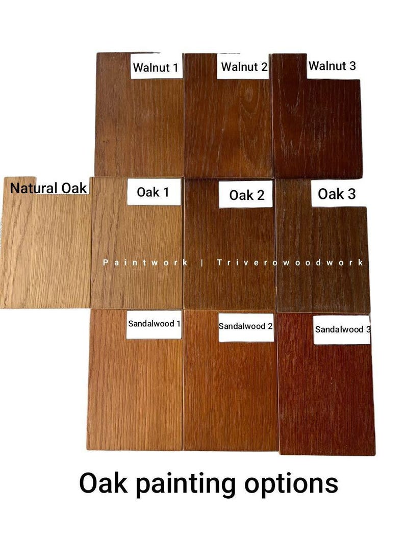 May include: A display of wood samples showcasing various oak painting options. The samples include Natural Oak, Oak 1, Oak 2, Oak 3, Walnut 1, Walnut 2, Walnut 3, Sandalwood 1, Sandalwood 2, and Sandalwood 3. The text "Paintwork | Triverowoodwork" is visible.