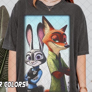 Retro jaren 90 comfortkleuren Nick Wilde & Judy Hopps-shirt, op Zootopia geïnspireerd T-shirt, schattige cartoon dierenpaar cadeau