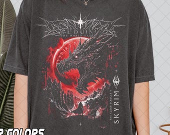 T-shirt Skyrim Alduin couleurs confort, cadeau unisexe pour fan de jeu vidéo Elder Scrolls en métal, vêtements streetwear gamer vintage