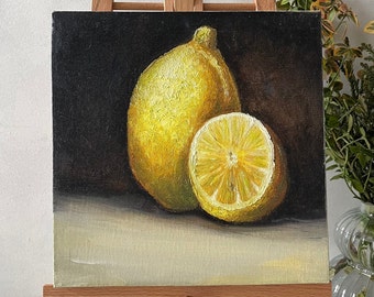 Original Oil Painting on Canvas Lemon Fruit Still Life Kitchen Unique Modern Wall Decor Mom Birthday Gift Classic Oil Art Citrus Painting