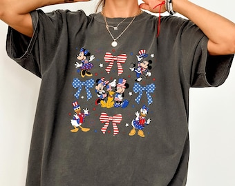 T-shirt couleurs confort avec nœud Mickey Minnie Coquette, chemise voyage en famille Disney USA, t-shirt WDW Disneyland rouge blanc bleu 4 juillet