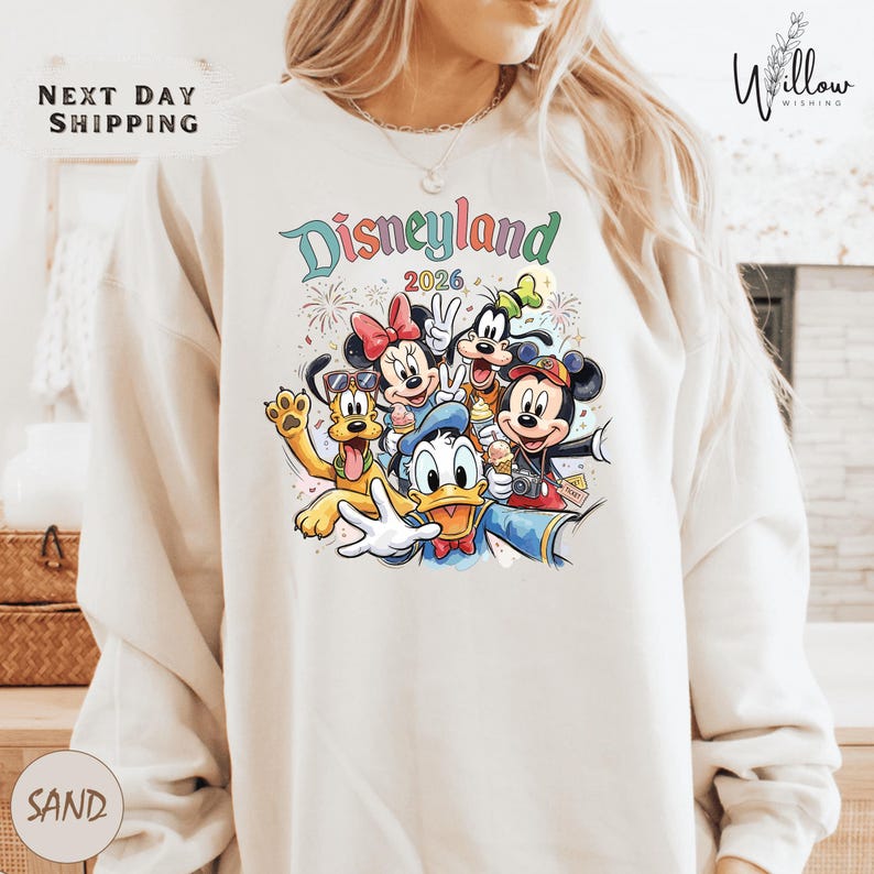 A person wearing a white sweatshirt with a colorful graphic of Disney characters from the theme park.
