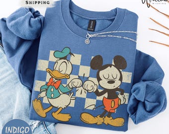 Sudadera vintage de Mickey y Donald con puños a juego, sudadera a cuadros de Disney Friends, regalo vintage para mejores amigas, suéter Disney divertido y acogedor.