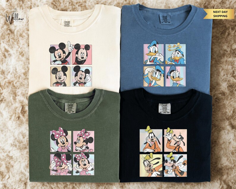four t-shirts with cartoon character designs, including Mickey Mouse, Minnie Mouse, Goofy, and Donald Duck.