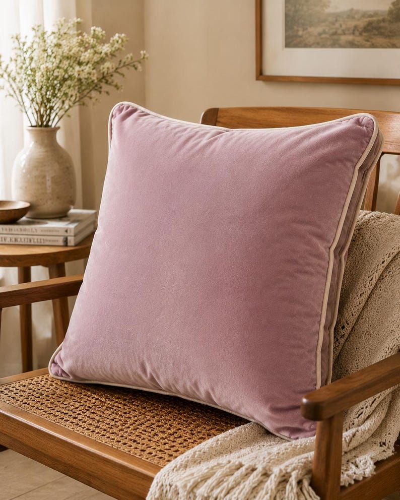 May include: A square throw pillow covered in soft, dusty rose velvet fabric. The pillow features a clean, piped edge detail in a contrasting light cream color that outlines the entire perimeter, providing a structured finish to the plush surface.
