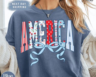 Camiseta USA Bow Comfort Colors, camiseta gráfica patriótica, camiseta roja, blanca y azul, camiseta americana, camiseta de estrellas y rayas del 4 de julio