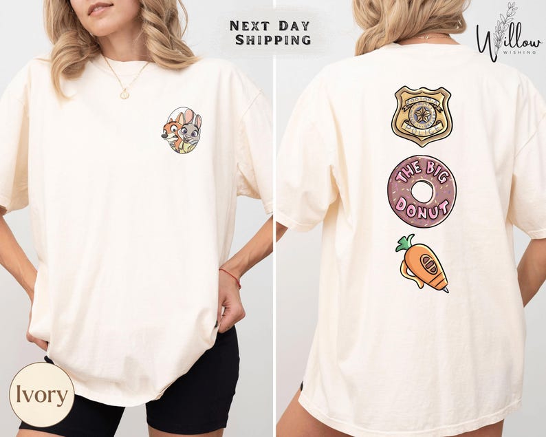 The image is a collage of two photos of a woman wearing a white t-shirt with various cartoon-style designs and text on the back.