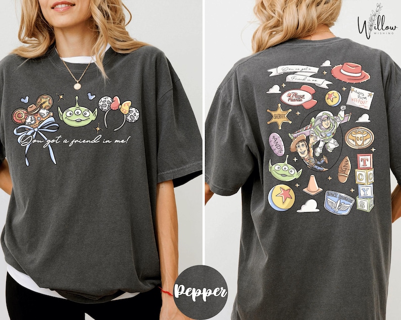 The image is a collage of two photos featuring a woman wearing a gray t-shirt with various cartoon characters and text printed on it.