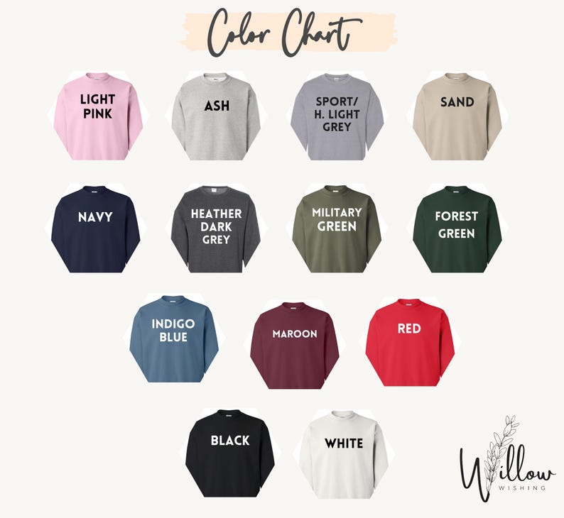 a collection of 12 different colored sweatshirts, each with a unique color and design, arranged in a grid format.