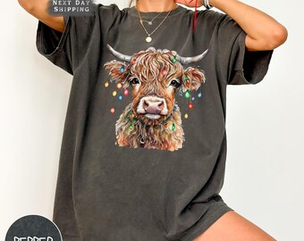 Cow Lights Christmas Comfort Colors Shirt, Highland Cow Crewneck Tee, Mooey Christmas Gift, Cow Lover Holiday T-shirt, Farm Christmas Gift