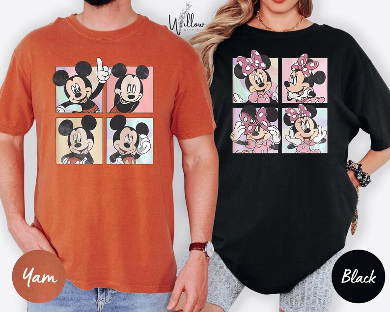 two people wearing t-shirts with Mickey Mouse and Minnie Mouse designs.