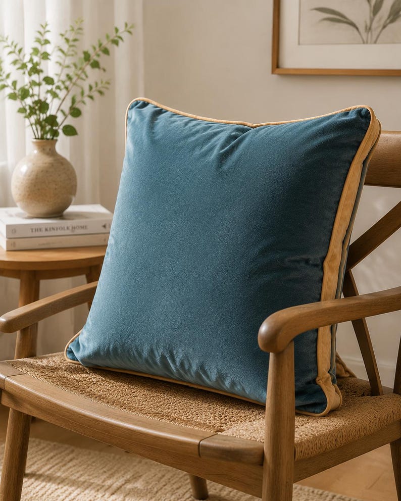 May include: A square throw pillow featuring a deep blue velvet fabric on the front and back, accented with a contrasting light tan or beige piping along the edges. The pillow has a soft, plush texture and a clean, simple design.