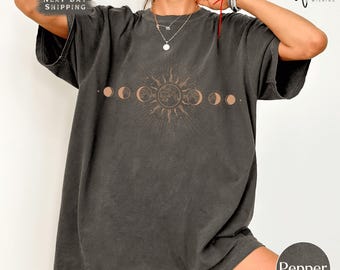 Boho Celestial Moon Phase Comfort Colors Tee, Spiritual Moon and Sun Shirt, Women’s Bohemian Style T-Shirt, Mystical Moon Celestial Gift