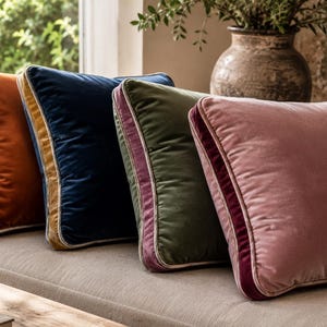 May include: Four square velvet scatter cushions arranged in a row. The cushions are coloured burnt orange, deep navy blue, olive green, and dusty rose. Each cushion features a contrasting velvet border strip along one side with a thin piping edge.
