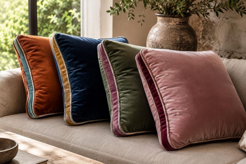 May include: Four square velvet throw pillows arranged in a row. The pillows are colored burnt orange, deep navy blue, olive green, and dusty rose. Each pillow features a contrasting velvet border strip along one side with a thin piping edge.