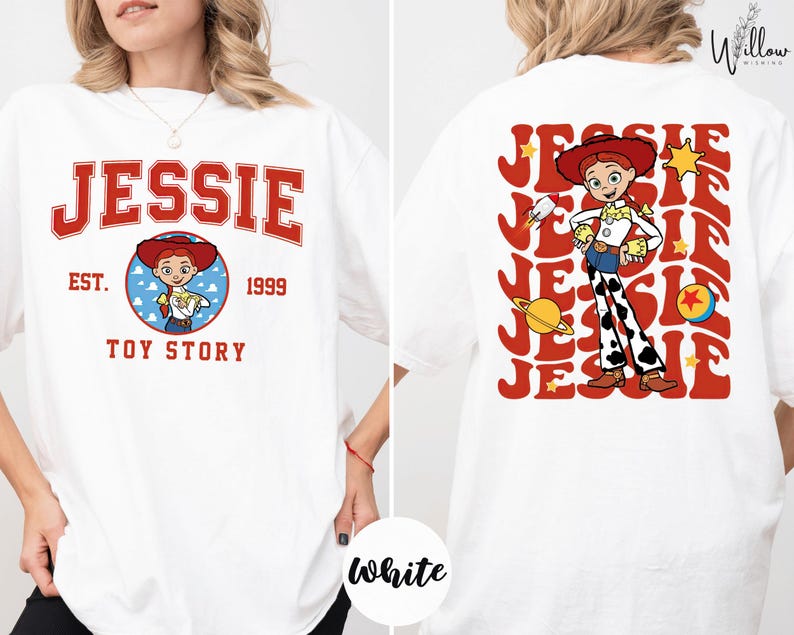 A white t-shirt with a design featuring a character from the Toy Story franchise, specifically the character named Jessie.