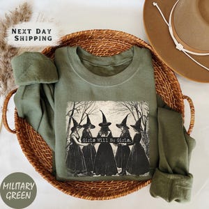 Vintage Girls Will Be Girls Witch Sweatshirt, Funny Witch Vintage Sweater, Vintage Halloween Women Shirt, Witchy Vibes Sweatshirt