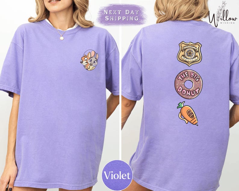 The image is a collage of two photos of a person wearing a purple t-shirt with various cartoon-style designs and text.