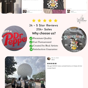 The image is a collage of three photos featuring people wearing Disney-themed merchandise, including t-shirts and hoodies. The collage includes a review of a Disney World t-shirt, a review of a Disney World t-shirt, and a review of a Disney World t-shirt. The collage also includes a review of a Disney World t-shirt and a review of a Disney World t-shirt.