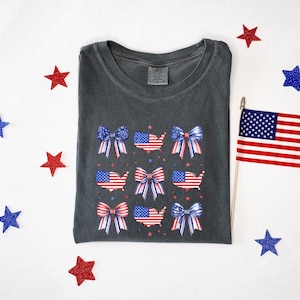 USA Map With Bow Comfort Colors Tee Coquette Style American Girl Shirt 4th Of July Patriotic Red White Blue Outfit For Women