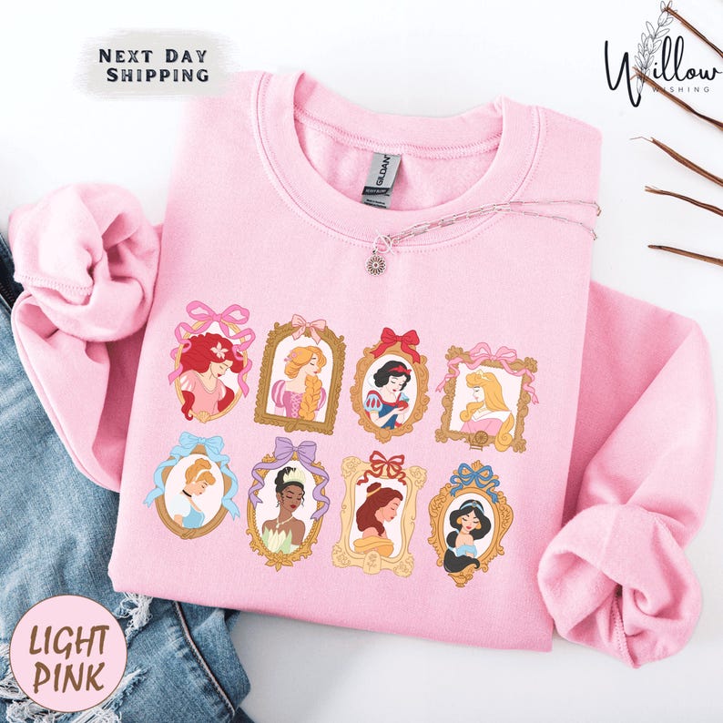 A pink sweatshirt with a design of various Disney princesses in frames, including Cinderella, Snow White, and Belle.