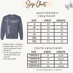 The image is a size chart for an adult/hoodie sweatshirt, providing measurements for chest, length, and size. The chart includes a diagram of the sweatshirt and the corresponding measurements for different sizes.