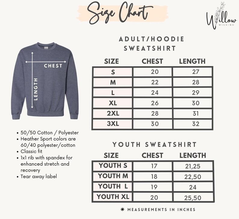 The image is a size chart for an adult/hoodie sweatshirt, providing measurements for chest, length, and size. The chart includes a diagram of the sweatshirt and the corresponding measurements for different sizes.
