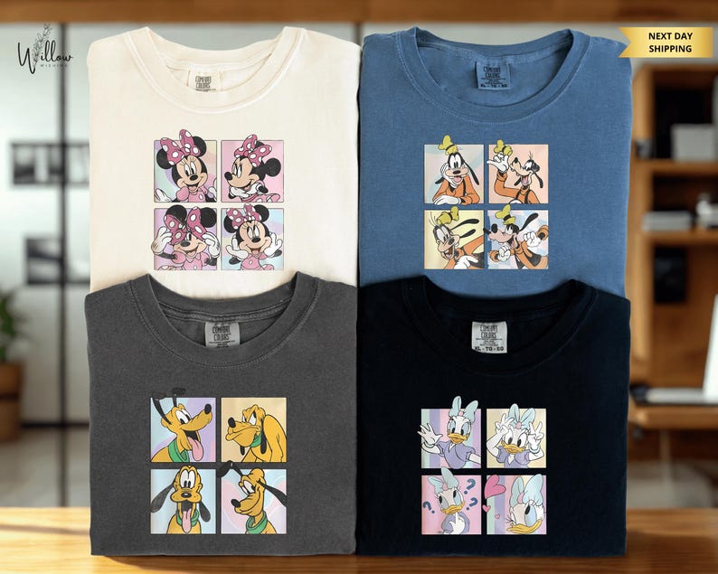 a collection of four T-shirts featuring various Disney characters, including Minnie Mouse, Goofy, Pluto, and Donald Duck.